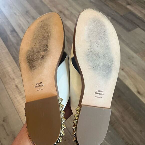 Stuart Weitzman White Sandals with Gold Accents - Picture 7 of 14